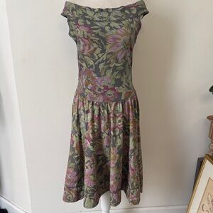 Luna Luz off the shoulder romantic floral green purple pink dress